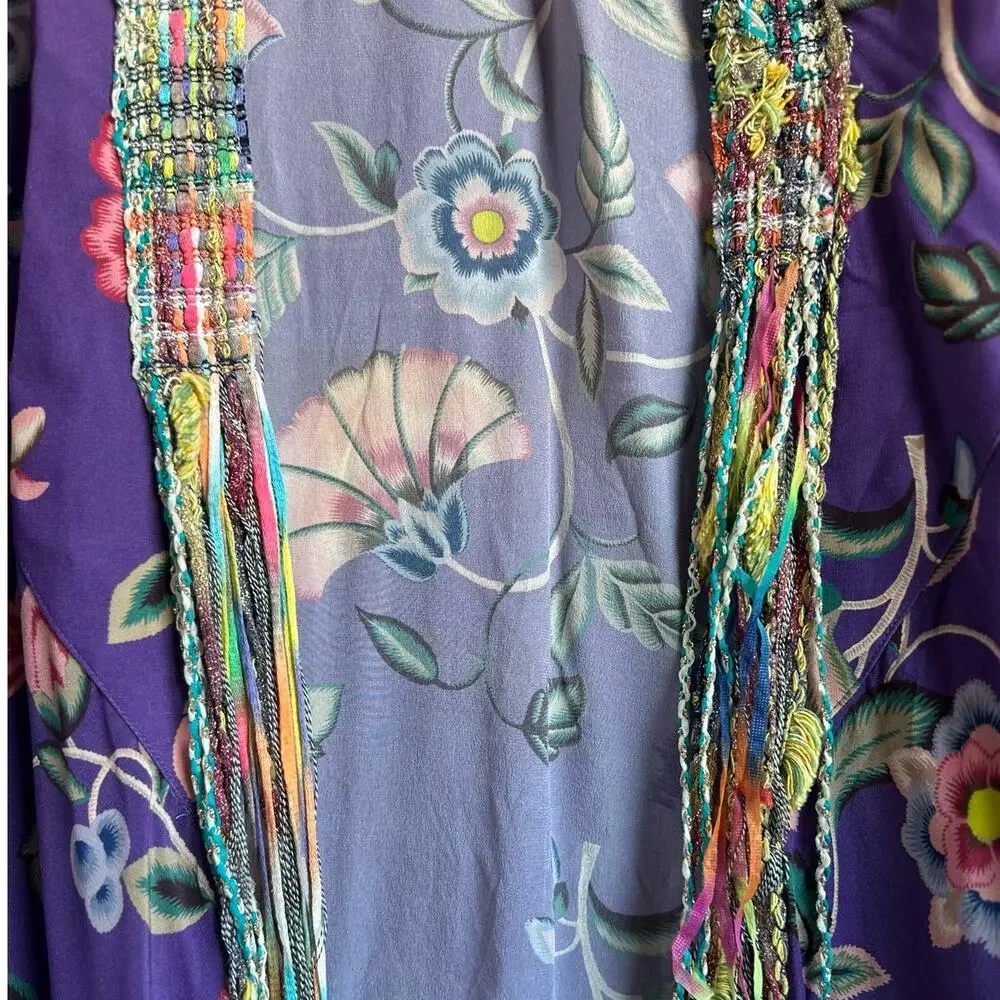 Anjuna Silk Purple Floral Print Multicolor Trim Robe Small - Picture 3 of 7